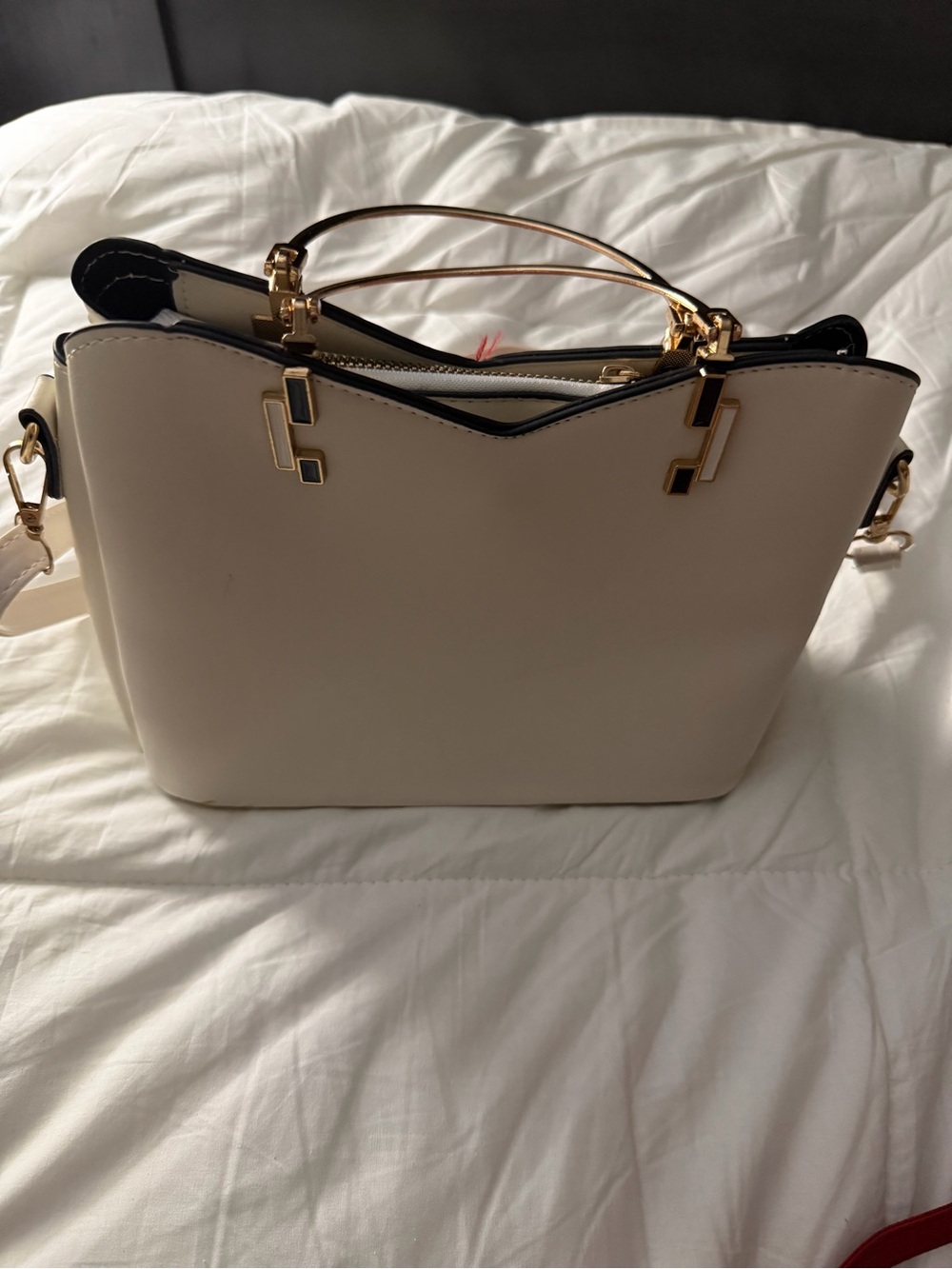 Red and Cream Colorblock Structured Satchel - Picture 2 of 6